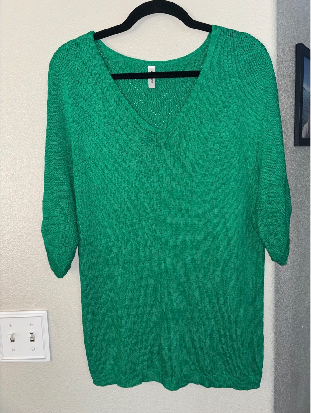 Dokotoo Green V Neck Crochet Chevron Open Knit Short Sleeve Sweater Top XL